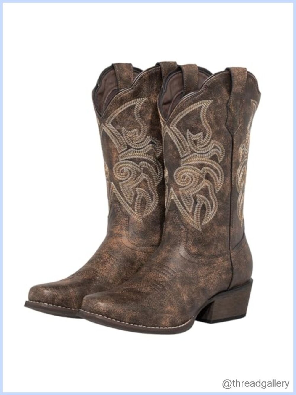 Wide Calf Square Toe Cowboy Boots Faux Leather Floral Cuff Comfortable